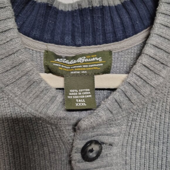 Eddie Bauer Tall XXXL Gray Henley Sweater 100% Cotton Mens Casual Pullover - Picture 2 of 8